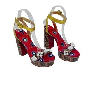 Christian Louboutin Movida Athina Platform Heels Tribal Print Gold Straps 37.5